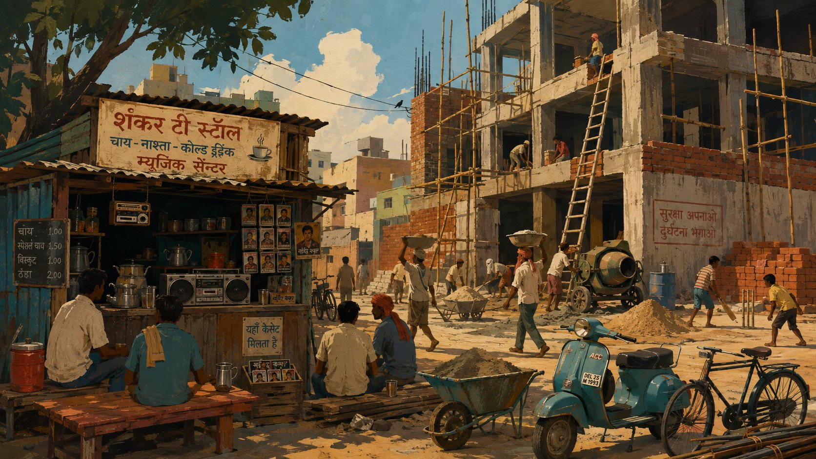 Indian construction site with Raju Mistri's tea and music stall